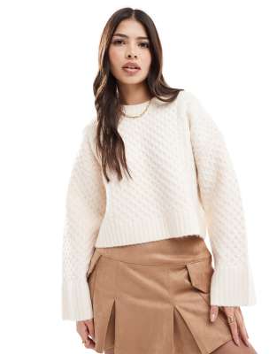 Asos Design Crew Neck Boxy Sweater With Wide Cuff In Cable Knit In Cream-white