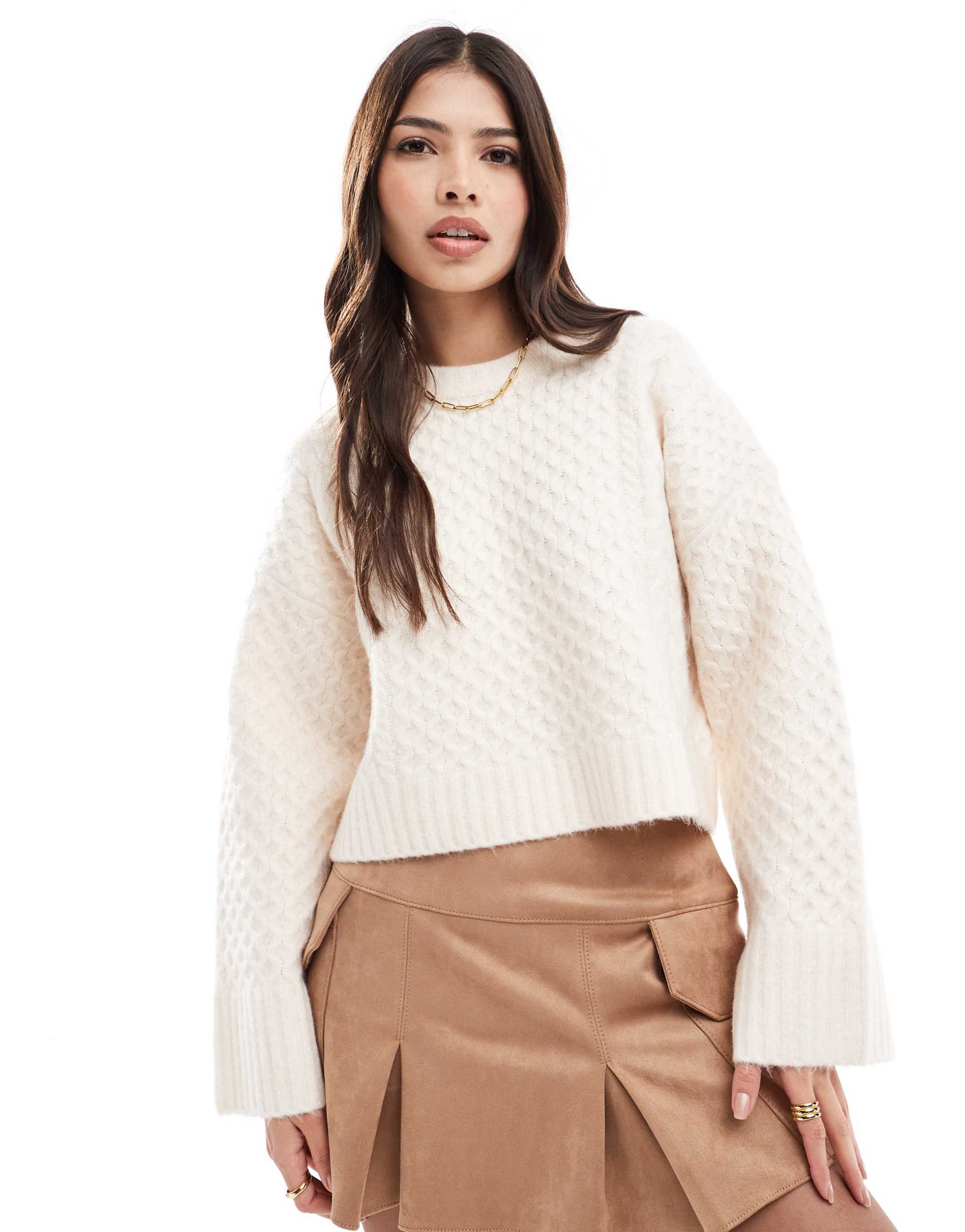 asos design crew neck boxy sweater with wide cuff in cable knit in cream