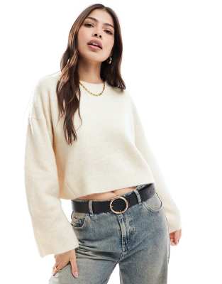 crew neck boxy sweater with wide cuff in cream-White