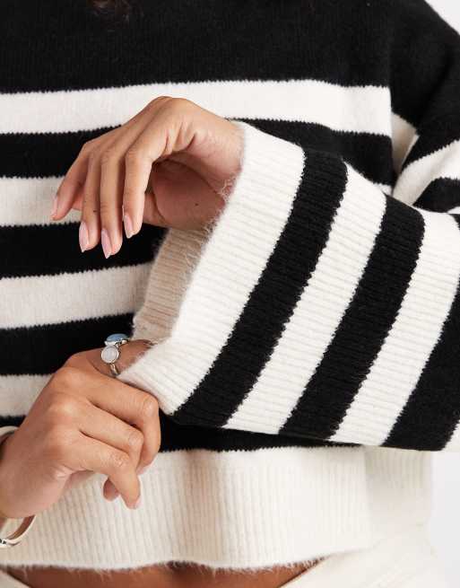 ASOS DESIGN crew neck boxy sweater with wide cuff in mono stripe