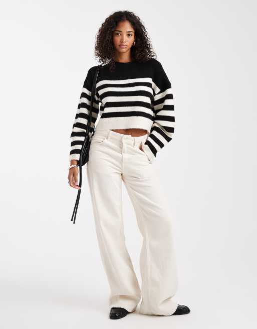 ASOS DESIGN crew neck boxy sweater with wide cuff in mono stripe