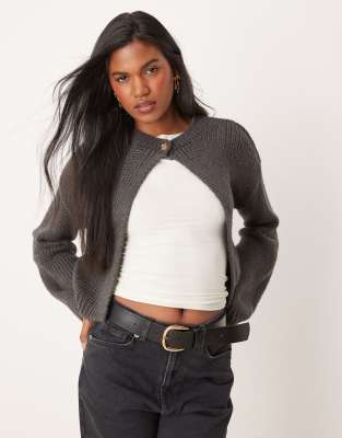 Asos Design Crew Neck Button Cardigan In Charcoal-gray