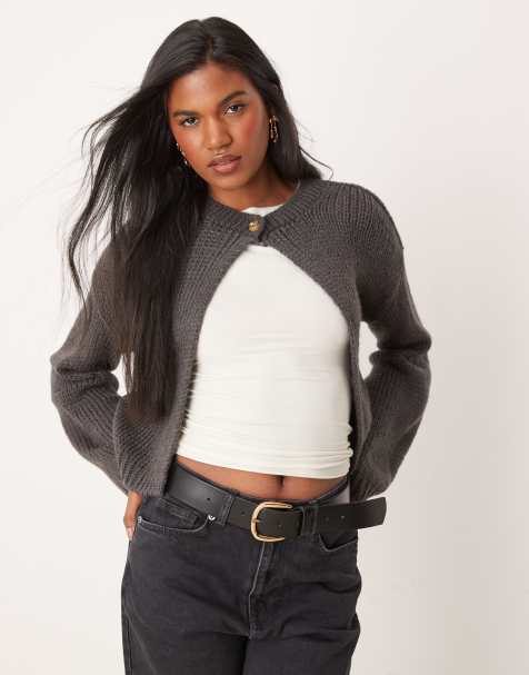 ASOS DESIGN crew neck button cardigan in charcoal - view 1