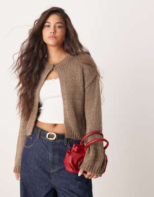 Asos Design Crew Neck Button Cardigan In Mocha-brown
