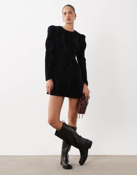 ASOS DESIGN crew neck button through velvet mini dress in navy