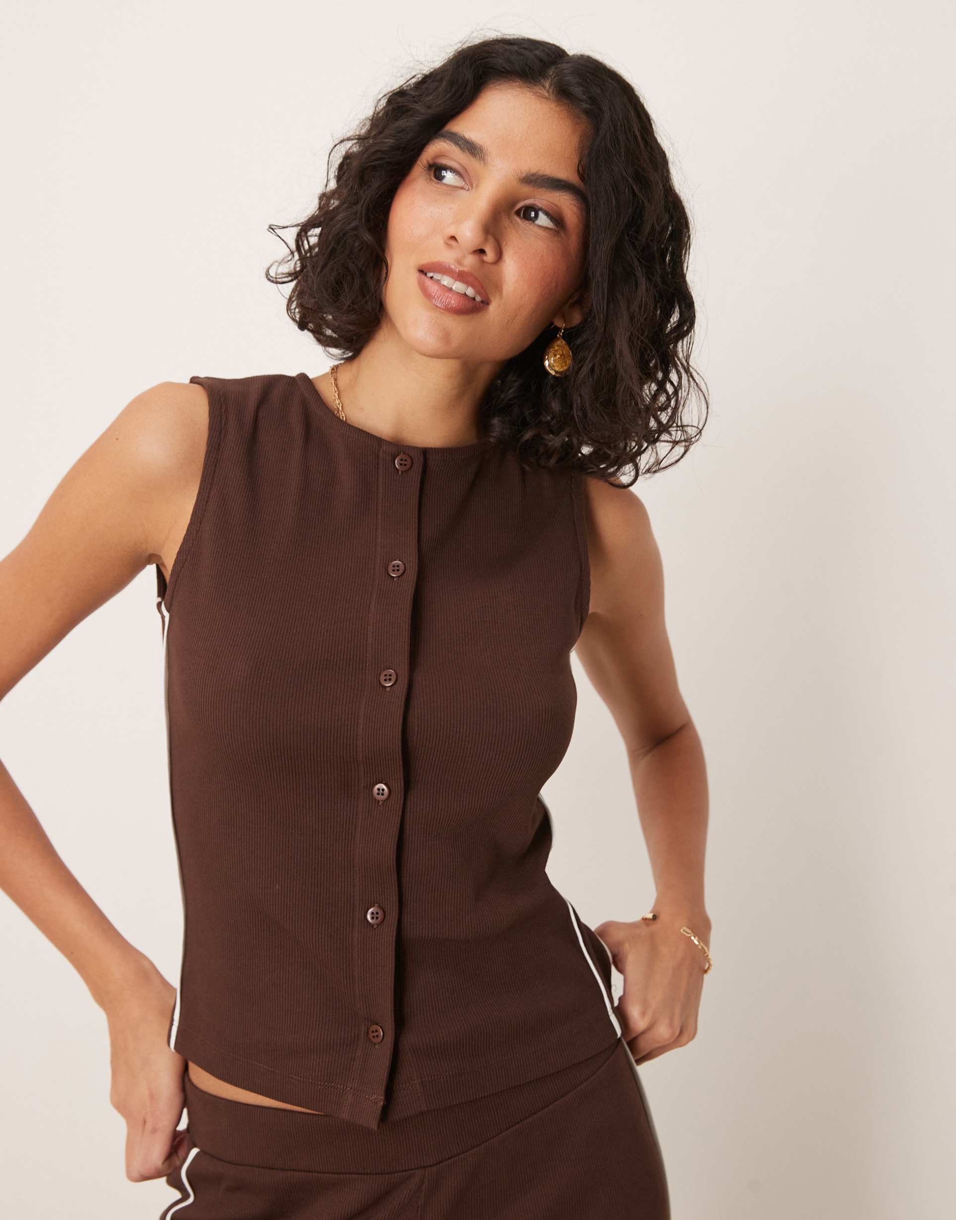 asos design crew neck button up top with contrast piping in brown - part of a set