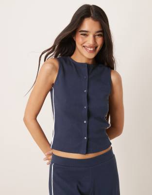 ASOS DESIGN crew neck button up top with contrast piping in navy - part of a set - view 1