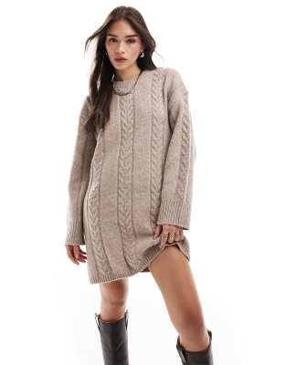 crew neck cable knit mini dress in taupe-White