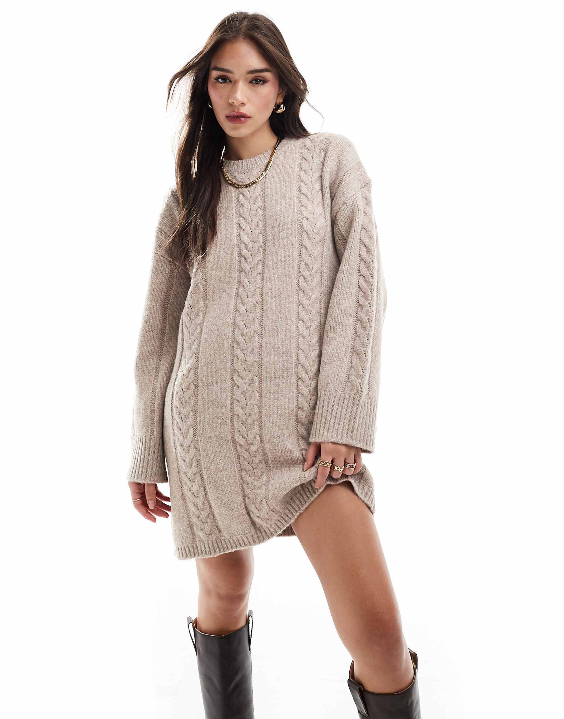 asos design crew neck cable knit mini dress in taupe