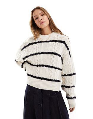 Shop Asos Design Crew Neck Cable Sweater In Cream Stripe-multi