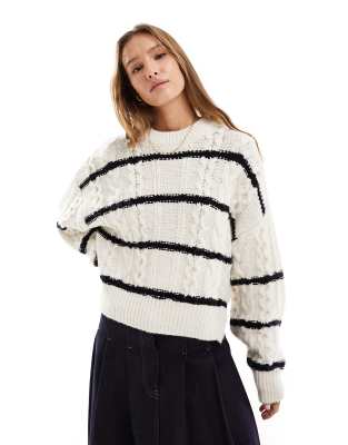 Shop Asos Design Crew Neck Cable Sweater In Cream Stripe-multi