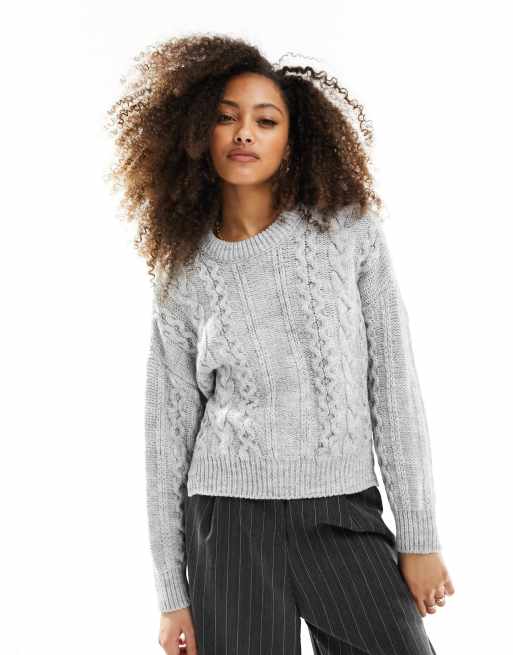 Asos Design Crew Neck Cable Sweater In Gray Asos