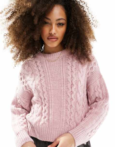 ASOS DESIGN crew neck cable sweater in pink - view 1