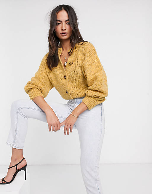 ASOS DESIGN crew neck cardi with button detail in fluffy knit | ASOS