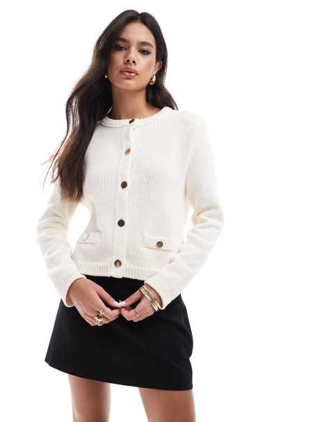 ASOS DESIGN crew neck cardi with pocket detail in cream - view 1