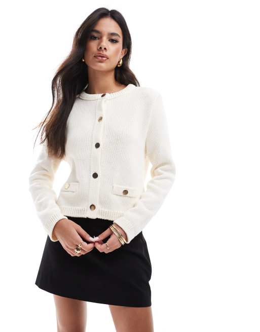ASOS DESIGN crew neck cardi with pocket detail in cream
