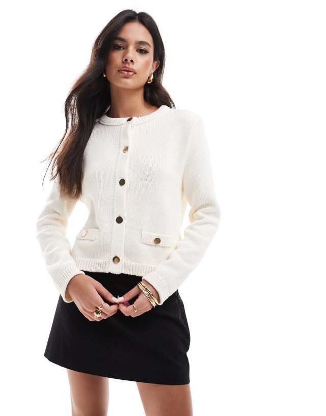 ASOS DESIGN - crew neck cardi with pocket detail in cream