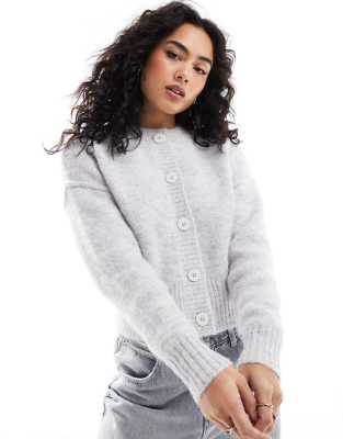 Asos Design Crew Neck Cardigan In Alpaca Wool Blend In Gray