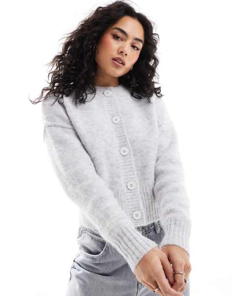 ASOS DESIGN crew neck cardigan in alpaca wool blend in gray - view 1