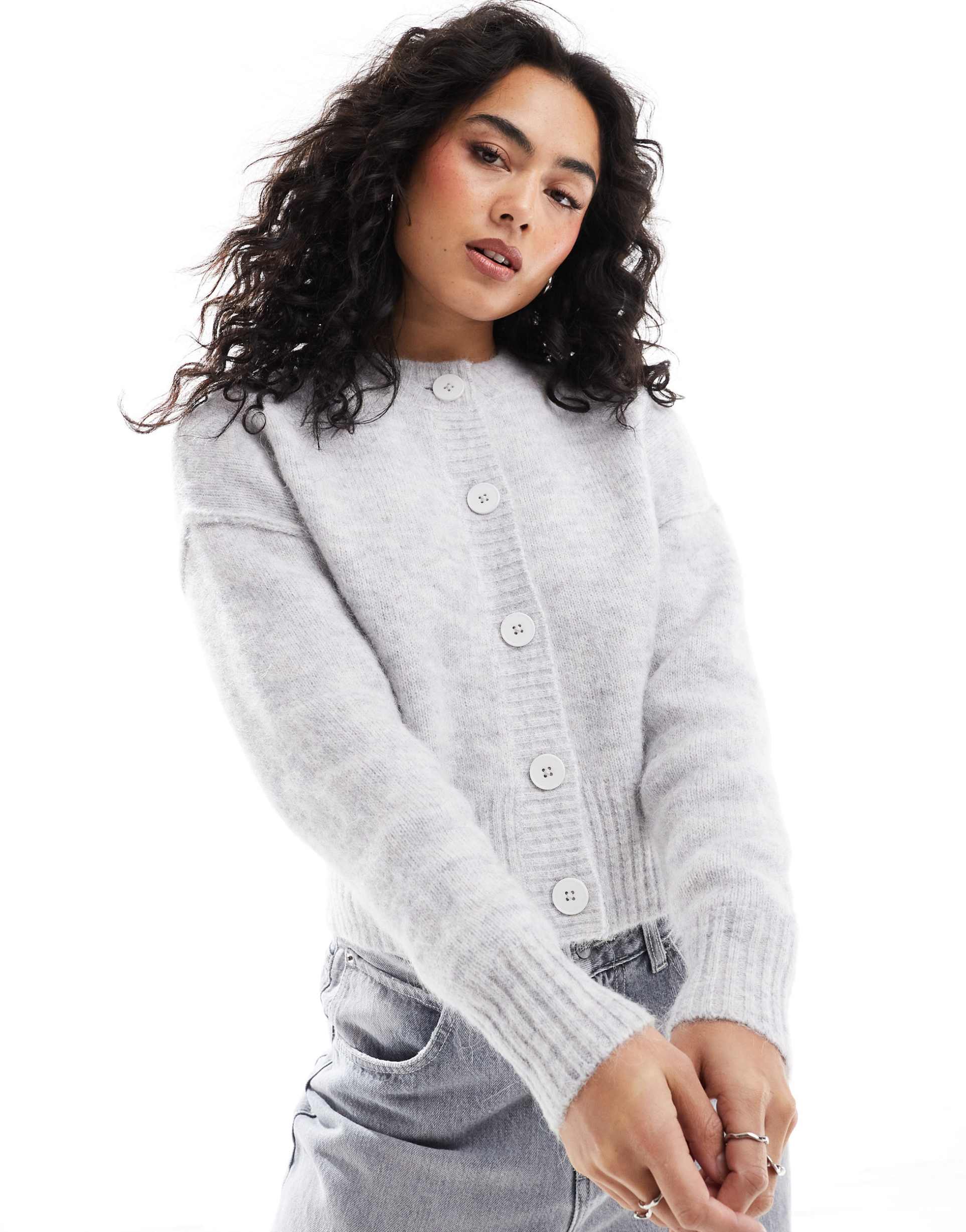 asos design crew neck cardigan in alpaca wool blend in gray