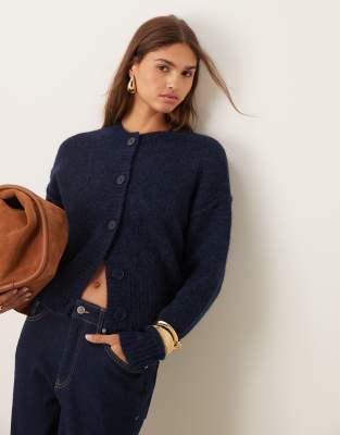 crew neck cardigan in alpaca wool blend in navy