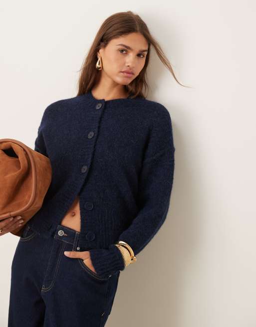 ASOS DESIGN crew neck cardigan in alpaca wool blend in navy