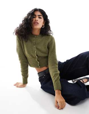 crew neck cardigan in boucle in khaki-Green