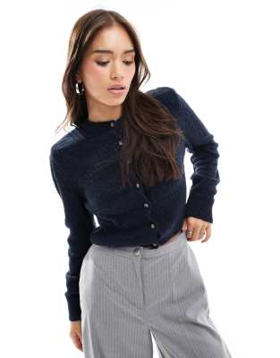 Asos Design Crew Neck Cardigan In Boucle In Navy