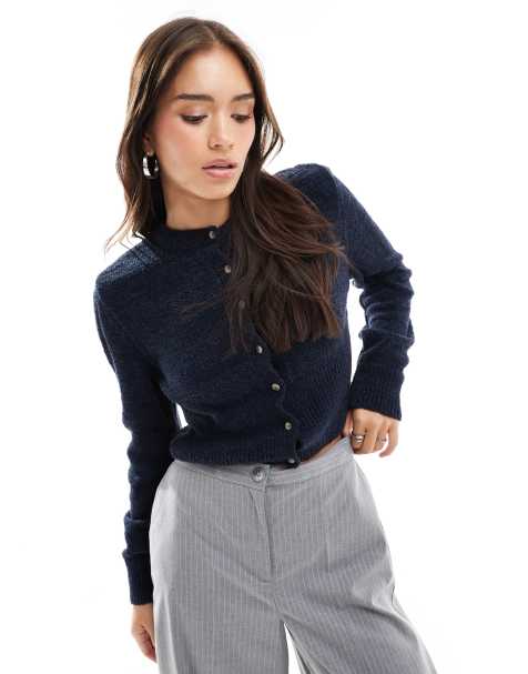 ASOS DESIGN crew neck cardigan in boucle in navy - view 1