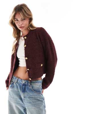 crew neck cardigan in boucle yarn in burgundy-Red