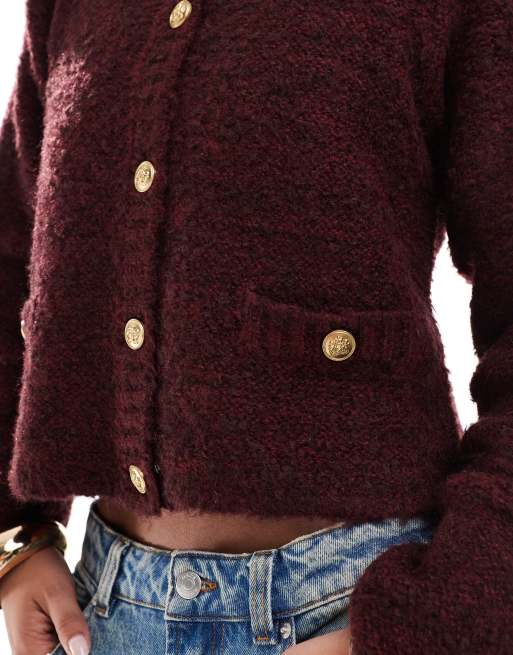 ASOS DESIGN crew neck cardigan in boucle yarn in burgundy, 2 of 4