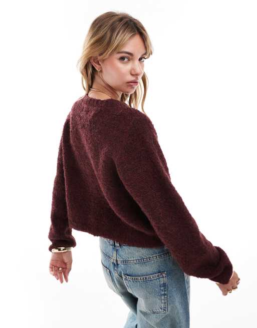 ASOS DESIGN crew neck cardigan in boucle yarn in burgundy, 4 of 4
