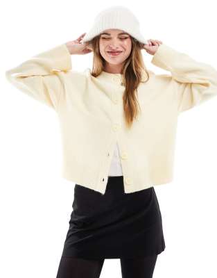 Asos Design Crew Neck Cardigan In Buttermilk-yellow