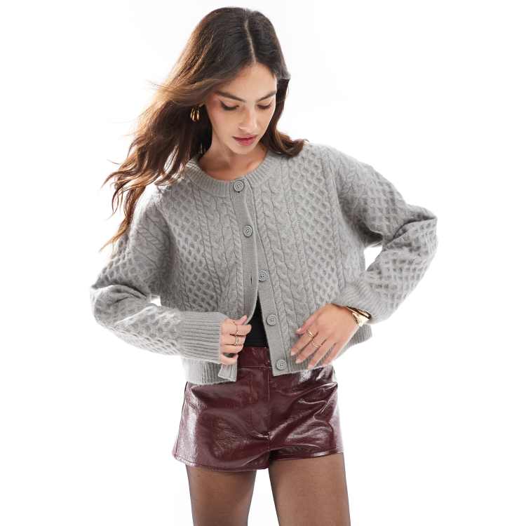 ASOS DESIGN crew neck cardigan in cable knit in light grey ASOS