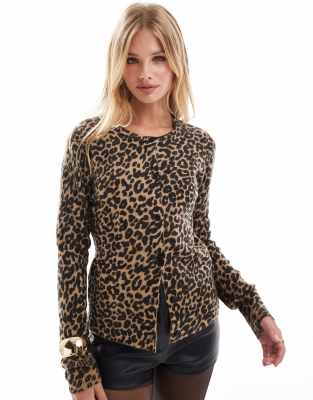 Asos Design Crew Neck Cardigan In Leopard Print-multi