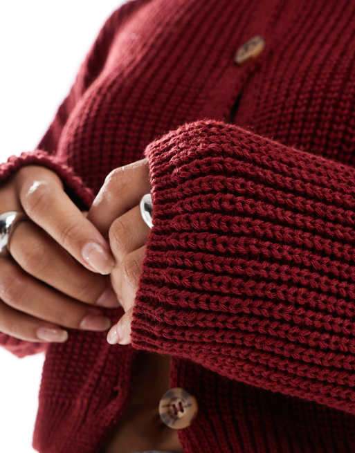 ASOS DESIGN crew neck cardigan in rib in burgundy