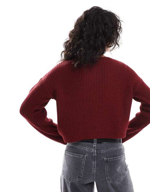 ASOS DESIGN crew neck cardigan in rib in burgundy