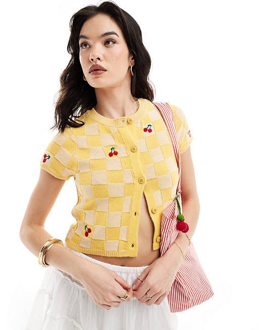 ASOS DESIGN crew neck cardigan with cherry embroidery in yellow | ASOS