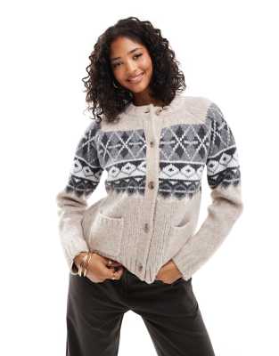 ASOS DESIGN crew neck cardigan with fairisle detail in stone-Neutral