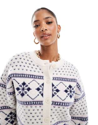 crew neck cardigan with fairisle pattern in blue and cream-Multi