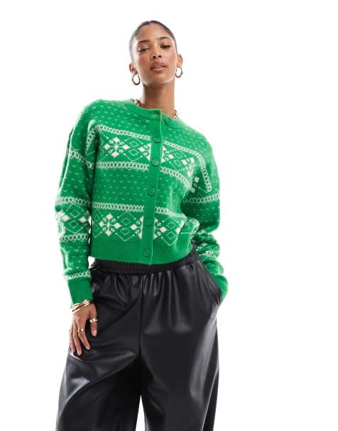 ASOS DESIGN crew neck cardigan with fairisle pattern in green and cream - view 1