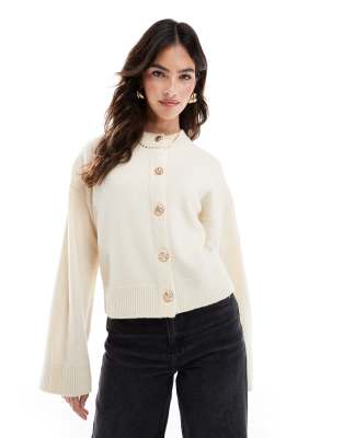 crew neck cardigan with gold button detail in cream-White