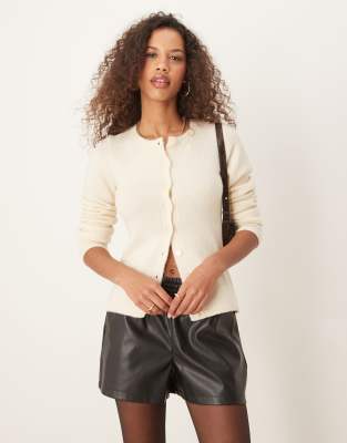 Asos Design Crew Neck Cardigan With Multi Button In Cream-white