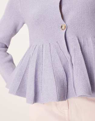 Asos Design Crew Neck Cardigan With Peplum Frill Hem In Blue