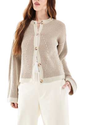 crew neck cardigan with plated detail in neutral