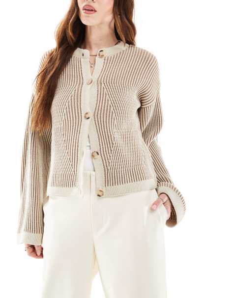 ASOS DESIGN crew neck cardigan with plated detail in neutral - view 1