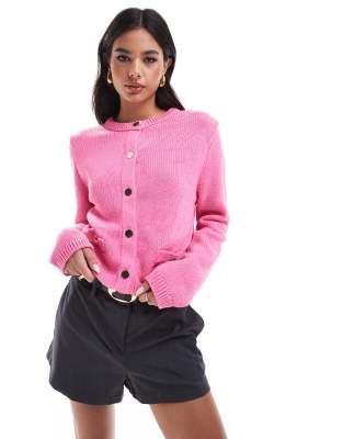 Asos Design Crew Neck Cardigan With Pocket Detail In Pink