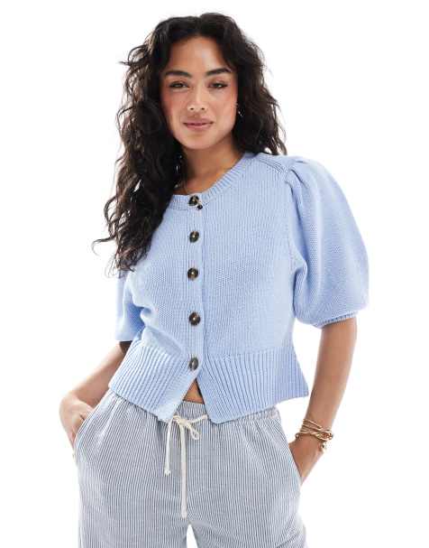 ASOS DESIGN crew neck cardigan with puff sleeve in blue - view 1
