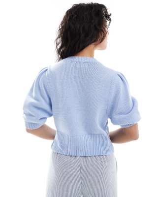 Asos Design Crew Neck Cardigan With Puff Sleeve