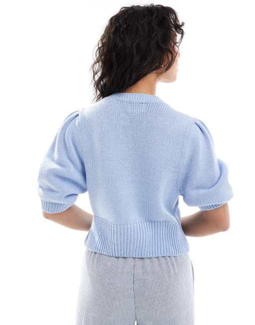 ASOS DESIGN crew neck cardigan with puff sleeve in blue